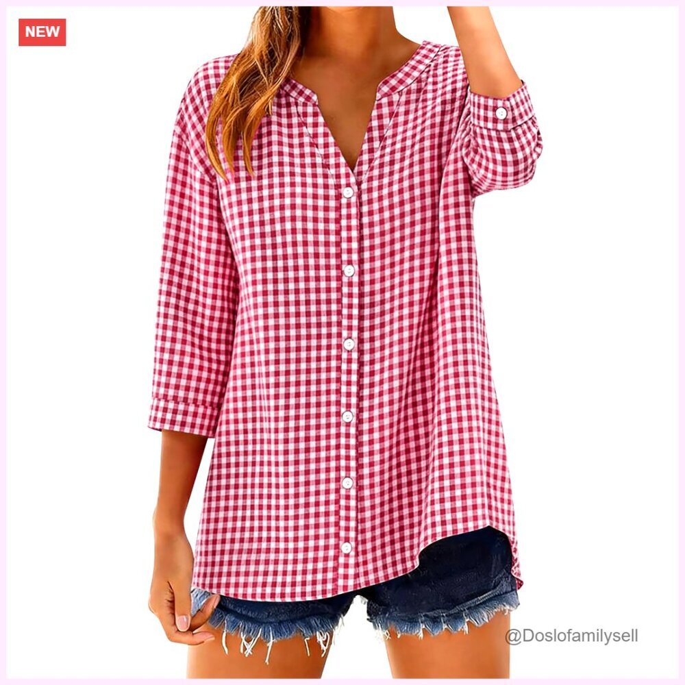 Cotton 3/4 Sleeve V-Neck Button Down Shirt Loose Fit Casual Blouse
